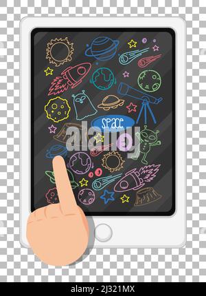 Raum doodles mit ipad und Finger auf Gitter Hintergrund Illustration Stock Vektor