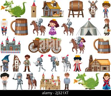 Mittelalterliche Figuren Gebäude Set Illustration Stock Vektor