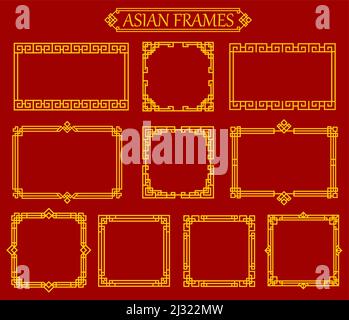 Asiatische quadratische und rechteckige chinesische, japanische, koreanische Rahmen und Grenzen. Vektor Gold Bilderrahmen mit traditionellen asien Knoten Ornamente, Verzierungen oder Muster. Set mit orientalischer Grafik im Vintage-Stil Stock Vektor