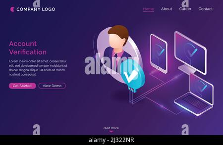 Kontoüberprüfung isometrische Landing Page, Smartphone, Computer und Laptop über ein Benutzerprofil mit man Avatar und Häkchen auf dem Bildschirm verbunden, Stock Vektor