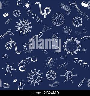 Nahtloses Muster. Bakterien, Mikroben und Viren unter dem Mikroskop. Mikroorganismen und Krankheitserreger. Vektorhintergrund Stock Vektor
