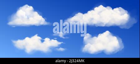 Weiße Wolken am blauen Himmel. Vektor realistisch flauschige verschiedene Formen Wolken in sauberen Himmel im Sommer oder Frühling Tag. Sonniges klares Wetter Stock Vektor