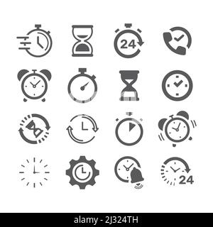 Uhr, Stoppuhr mit schwarzem Vektor-Symbol eingestellt. Chronometer, schnelle Uhr und 24 Stunden gefüllte Symbole. Stock Vektor