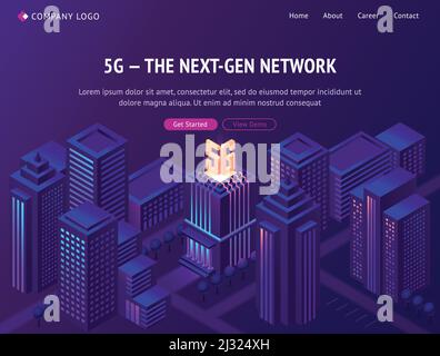 isometrische Landing Page des 5g Next Gen-Netzwerks. Smart City mit drahtloser Mobilfunktechnologie, Mobilfunkdienst der neuen Generation. Smartphone-Inte Stock Vektor
