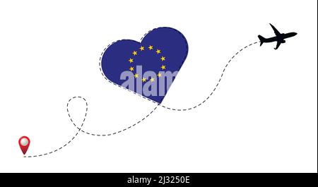Flugstrecke mit eu-Flagge im Herzen. Stock Vektor