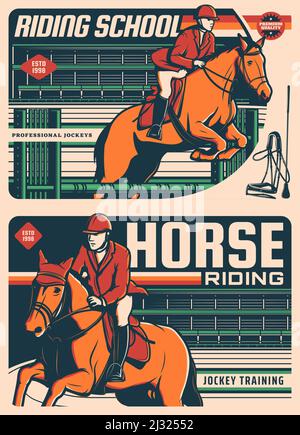 Reiten, Jockey-Poloschule und Pferdesport-Training Vektor Retro-Vintage-Poster. Pferderennen oder Reiten auf Hippodrom, Jockey-Polo-Club, Pferderennen-Center und Hindernislauf-Turnier Stock Vektor