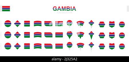 Große Sammlung von Gambia Flaggen in verschiedenen Formen und Effekten. Großer Satz von Vektorflaggen. Stock Vektor