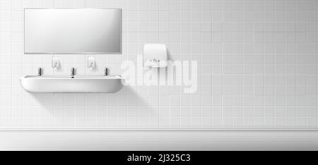 Öffentliche Toilette mit weißem Keramikwaschbecken und Spiegel. Vektor realistische Innenraum von leeren Toilette mit Waschbecken und Handtrockner auf weiß geflieste Wand. Abb. Stock Vektor