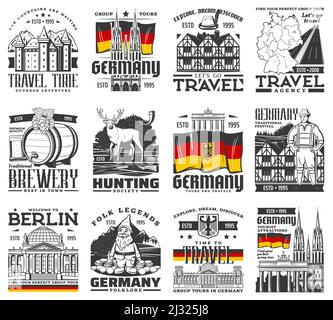 Deutschland-Ikonen, Reisen, Kultur-Vektor-Symbole und Wahrzeichen. Schloss, gotische Kirche und Brandenburger Tor, bayerische Nähe Fachwerkhaus, Reichstag und Karte, deutsche Flagge, Bierfass und Gnom, Hirsch Stock Vektor