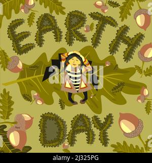Happy Earth Day Konzeptdarstellung mit Eichenbaumblättern, die in einem Kreis in Form der Inschrift Earth Day angeordnet sind. Ein Mädchen im Boho-Stil Stock Vektor
