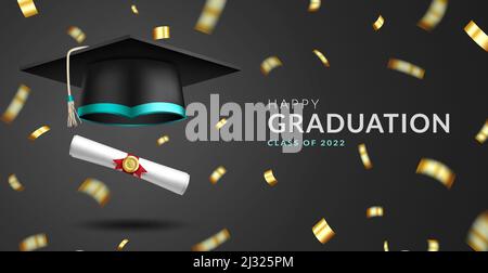 Grußformel mit Graduierung. Happy Graduation Text mit Mortarboard Kappe, Diplom und Konfetti Elemente für Klasse von 2022 Absolventen Feier. Stock Vektor