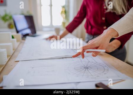 Nahaufnahme von reifen Architektinnen, die gemeinsam im Büro auf Entwürfe schauen. Stockfoto