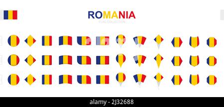 Große Sammlung von rumänischen Flaggen in verschiedenen Formen und Effekten. Großer Satz von Vektorflaggen. Stock Vektor
