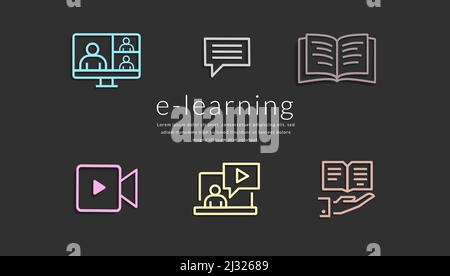 E-Learning-Symbolvektordesign. ELearning-Text mit Bildungssymbolen, Sammlung von Büchern, Videos, Webinar-Meetings und Mitteilungen für Fernschulungen. Stock Vektor