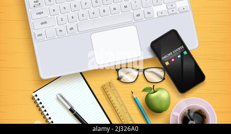 E-Learning-Vektordesign. Online-Kurselemente mit Telefon, Laptop, Notebook und Brillen pädagogische Werkzeuge für das Lernen in der Schule zu Hause. Stock Vektor