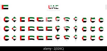 Große Sammlung von Flaggen der Vereinigten Arabischen Emirate in verschiedenen Formen und Effekten. Großer Satz von Vektorflaggen. Stock Vektor