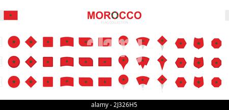 Große Sammlung von Marokko Flaggen in verschiedenen Formen und Effekten. Großer Satz von Vektorflaggen. Stock Vektor