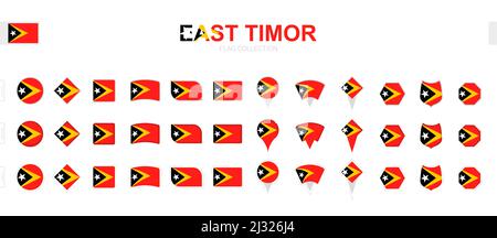 Große Sammlung von Osttimor-Flaggen in verschiedenen Formen und Effekten. Großer Satz von Vektorflaggen. Stock Vektor