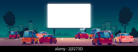 Kino im Freien, Kino mit Drive-in-Kino und Autos auf dem Parkplatz im Freien. Vektor Cartoon Sommer Nacht Stadt mit leuchtenden leeren Bildschirm und Autos. Urba Stock Vektor