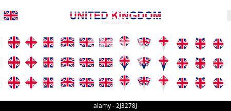 Große Sammlung von britischen Flaggen in verschiedenen Formen und Effekten. Großer Satz von Vektorflaggen. Stock Vektor