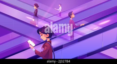 Leute auf Rolltreppen in Mall. Bewegliche Treppe, automatische Leiter, die Männer und Frauen auf und ab trägt. Vektor-Cartoon-Illustration der Frau mit smartp Stock Vektor