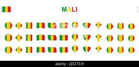 Große Sammlung von Mali Fahnen in verschiedenen Formen und Effekten. Großer Satz von Vektorflaggen. Stock Vektor