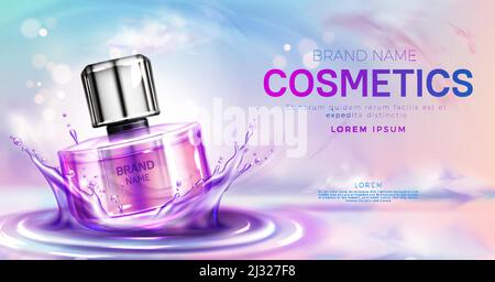 Kosmetik Parfüm Flasche auf spritzende Wasseroberfläche mit Kreisen auf rosa bewölkten Himmel Hintergrund. Glas Spray Rohr Paket Promo mockup Banner Design. c Stock Vektor