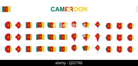 Große Sammlung von Kamerun Flaggen in verschiedenen Formen und Effekten. Großer Satz von Vektorflaggen. Stock Vektor