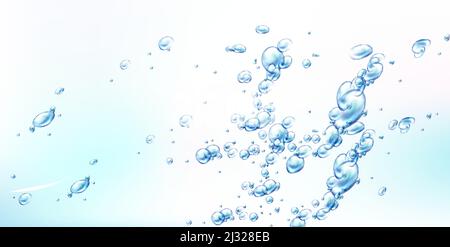 Abstrakter Hintergrund mit Luftblasen auf blauer Wasseroberfläche, dynamischer Bewegung, transparentem Aqua, zufällig bewegenden Unterwasser-Fizzing, Getränk oder Kosmetik a Stock Vektor