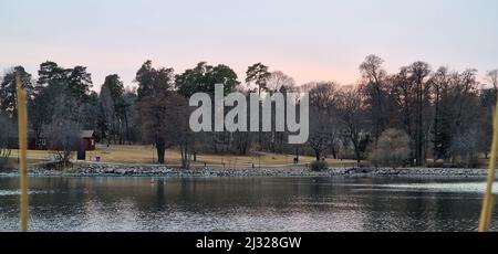 Der Blick auf die glatte Wasseroberfläche des Sees im Park. Stockfoto