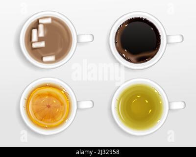 Tassen Kaffee, Tee und Kakao, Blick von oben. Vector realistische Set von heißen Getränken in Tassen, Espresso, grünem Tee und schwarz mit Zitrone, Schokolade mit Milch und Stock Vektor