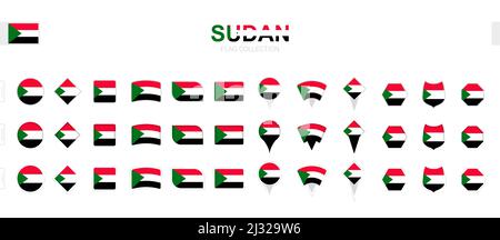 Große Sammlung von sudanesischen Flaggen in verschiedenen Formen und Effekten. Großer Satz von Vektorflaggen. Stock Vektor