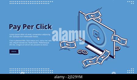 Pay per Click isometrische Landing Page, Computer-Desktop mit Cursor auf Ad-Button, Geldrechnung rund. PPC-Geschäft, cpc-Werbetechnik, Stock Vektor