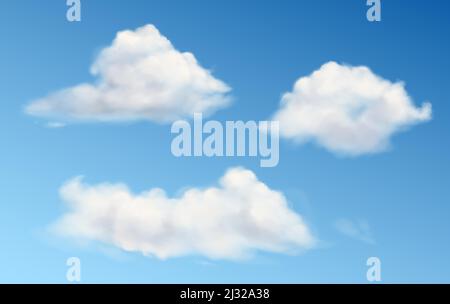 Weiße Wolken am blauen Himmel. Vektor realistisch flauschige verschiedene Formen Wolken in sauberen Himmel im Sommer oder Frühling Tag. Sonniges klares Wetter Stock Vektor