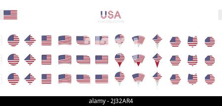 Große Sammlung von USA Flaggen in verschiedenen Formen und Effekten. Großer Satz von Vektorflaggen. Stock Vektor