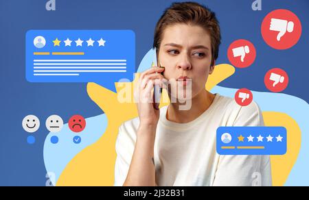 Junge unzufriedene Frau mit Handy mit Symbol ein Stern Symbol, um die Bewertung des Unternehmens zu erhöhen Stockfoto