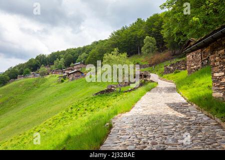 Blick auf das Bergdorf Alpone di Curiglia. Curiglia con Monteviasco, Veddasca Valley, Varese District, Lombardei, Italien. Stockfoto