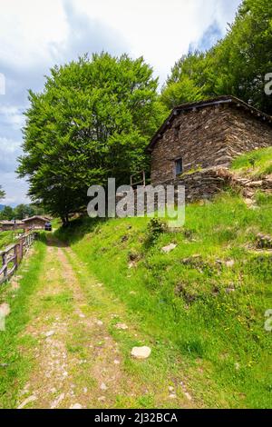 Blick auf das Bergdorf Alpone di Curiglia. Curiglia con Monteviasco, Veddasca Valley, Varese District, Lombardei, Italien. Stockfoto