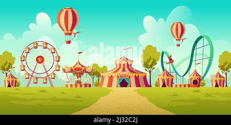 Karneval-Jahrmarkt, Vergnügungspark mit Zirkuszelt, Achterbahn, Karussell und Riesenrad. Vektor-Cartoon-Illustration der Sommerlandschaft mit att Stock Vektor