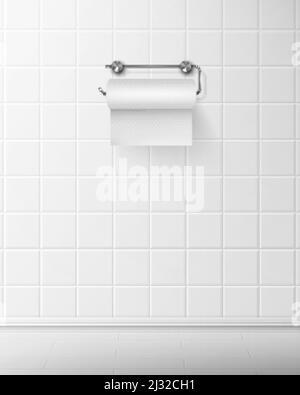 Toilettenpapier auf Metall-Rollenhalter hängen an weißen Keramik-Wand im modernen Badezimmer, Sanitär Serviette in WC Mockup Hintergrund. Leere toilette Stock Vektor