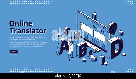 Online-Übersetzer isometrische Landing Page. Mann mit Handy stehen vor riesigen Desktop mit lateinischen Buchstaben rund mit mehrsprachigen Anwendung o Stock Vektor