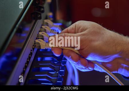 IT-Experte, der mit dem Netzwerkkabel des Computerservers arbeitet. Konnektivität, Internet, Techniker, Installation. Stockfoto