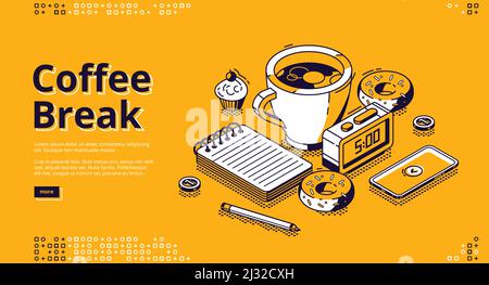 Isometrische Landing Page für Kaffeepausen. Tasse mit Heißgetränk, süßen Donuts, Smartphone, Notizblock und Wecker mit 5 Uhr auf Wählstand auf dem Tisch. Stock Vektor