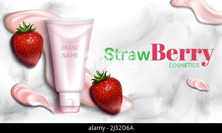 Erdbeere Kosmetik Flasche Mockup Banner, natürliche Schönheit Produkt auf Marmor Hintergrund mit rosa Creme schmieren Pinselstriche. Hautpflege kosmetische Creme t Stock Vektor