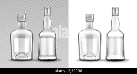 Glasflaschen verschiedene Formen gesetzt. Wodka, Rum, Whiskey Alkoholgetränke leere Flaschen Designvorlage, fotorealistischer Mockup isoliert auf transparent und w Stock Vektor