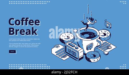 Isometrische Landing Page für Kaffeepausen. Mädchen fällt auf riesige Tasse mit heißem Getränk, Donuts und Wecker mit 12 Uhr auf dem Zifferblatt. Business Person Brea Stock Vektor