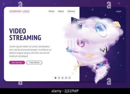 Video Streaming isometrische Landing Page, Film-und Kino-Industrie Attribute fliegen in riesigen Gewitter Trichter auf Nacht Sternenhimmel Hintergrund. Intern Stock Vektor