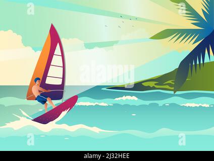 Illustration eines Windsurfers, Vektorgrafik im Art-Deco-Stil Stock Vektor