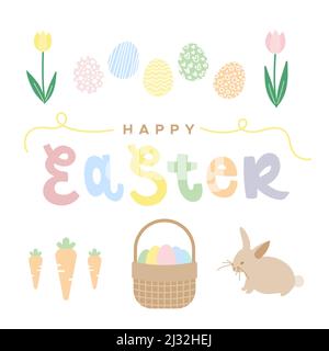 Happy Easter Element Set. Pastellfarben. Für Grußkarten, Poster, Scrapbooking. Vektorgrafik, flaches Design Stock Vektor