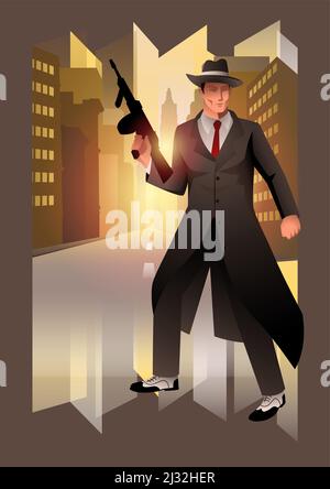 Illustration eines Mannes, der Maschinengewehr, Gangster, Gangster, Mafia-Thema, Art-Deco-Vektor-Illustration Stil hält Stock Vektor